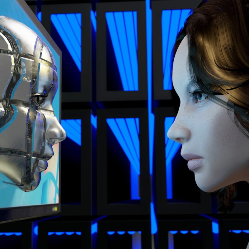 a female mannequin is looking at a computer screen