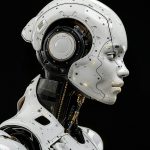A white robot is standing in front of a black background
