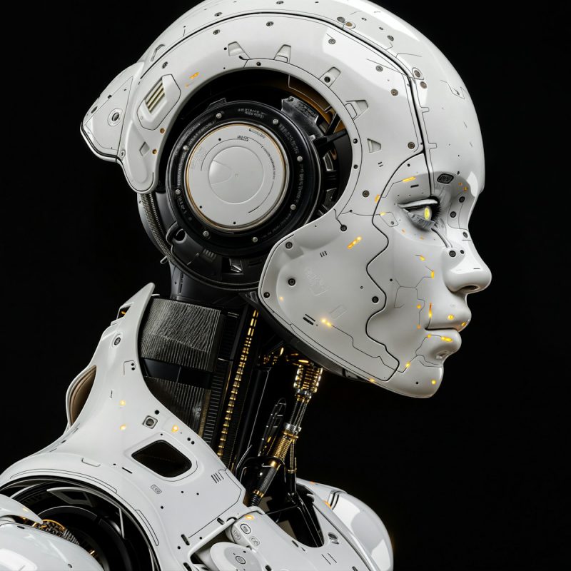 A white robot is standing in front of a black background
